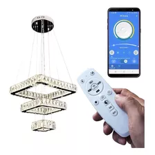 Lustre Pendente Cristal Led 3 Anéis+controle Remoto Quadrado Cor Prateado 110v/220v