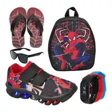 Tênis Led Homem Aranha Novo + Mochila Chinelo Óculos Relógio