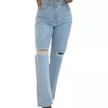 Calça Feminina Jeans Premium Wide Leg Com Rasgos Destroyed