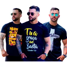 Kit 3 Camiseta Evangélica Preta Cristã Versículo Frase Graça