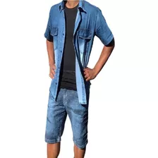 Camisa Social Slim Masculina Manga Curta Jeans Com Botões