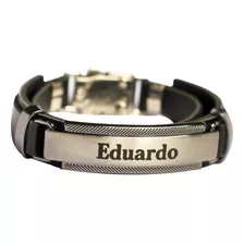 Pulseira Masculina Couro Com Gravação Nome Placa Silver