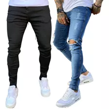 Kit 2 Calça Jeans Skinny Masculina Rasgada Estica Muito Nfe