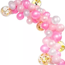 Kit Arco Balão Rosa Perola Branco Cristal C/ Confete Dourado