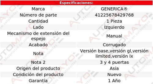 1 Espejo Izq Man Corrug Generica Ford Windstar 95-98 Foto 2