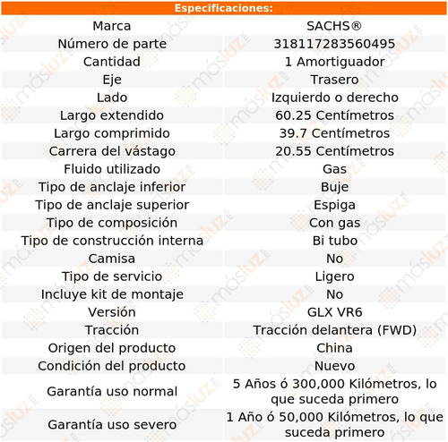 1- Amortiguador Gas Trasero Izq/der Passat V6 2.8l 97 Sachs Foto 2