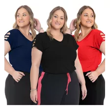 Kit 3 Blusas Plus Size Feminina Decote V Manga Curta 0201