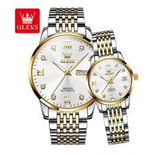 Reloj De Pareja Mecánico Con Calendario Automático Olevs Color De La Correa Plata/dorado