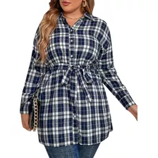 Camisa Feminina Plus Size De Manga Comprida Com Botões Xadre