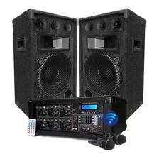 Combo Consola Potenciada 6 Canales Bluetooth Usb Control Remoto 150w Rms + 2 Bafles 10 150w + 2 Mic