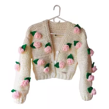 Cardigan Aesthetic Coquette Tejido A Mano Rosas 3d