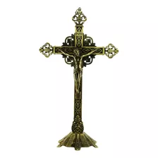 Crucifixo Católico De Mesa Dourado Antigo Metal 32 Cm