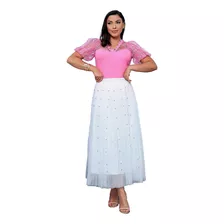 Saia Feminina Moda Evangélica Tule Com Pérolas samantha