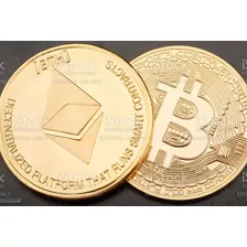 2 Moedas Física Ouro Bitcoin E Ethereum Colecionador Brindes