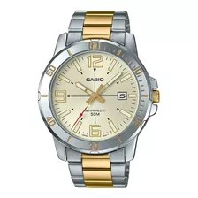 Reloj De Pulsera Casio Dress Mtp-vd01sg1-b De Cuerpo Color Plateado, Analógico, Para Hombre, Fondo Beige, Con Correa De Acero Inoxidable Color Plateado Y Oro, Agujas Color Dorado, Blanco Y Rojo, Dial 