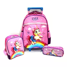 Kit Mochila Menina Poney Arco Íris Rodinha Infantil Grande