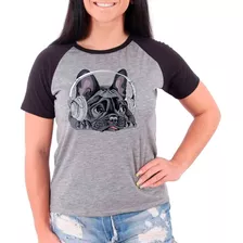 Camiseta Raglan Buldog Francês Pet Dog Cinza Preto Fem02