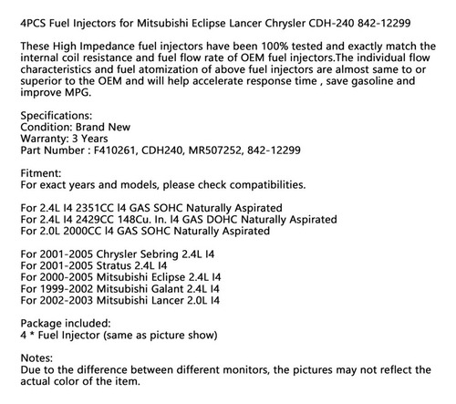 4 Inyectores De Combustible Para Mitsubishi Eclipse Lancer Foto 4