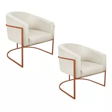 Kit 02 Poltronas Luiza Base De Ferro Bronze Linho Adj Decor