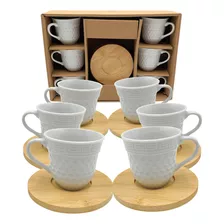 Set X 6 Tazas Ceramica + Platos Madera Para Té Café Oferta