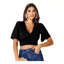 Cropped Manga Decote V Cores Basicas Viscolycra