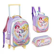 Kit Mochila Infantil Escolar Unicórnio Grande Rodinhas