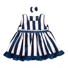 Vestido Infantil Para Bebê Menina Listrado Com Faixa 2pc 