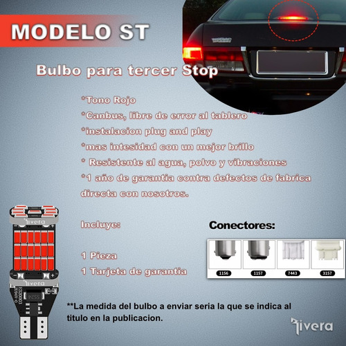 St Bulbo Tercer Stop Led Canbus Suzuki Swift+ 2010 T15 Foto 2