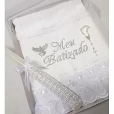 Kit Toalha Bordada Meu Batizado Com Vela Decorada E Terço 