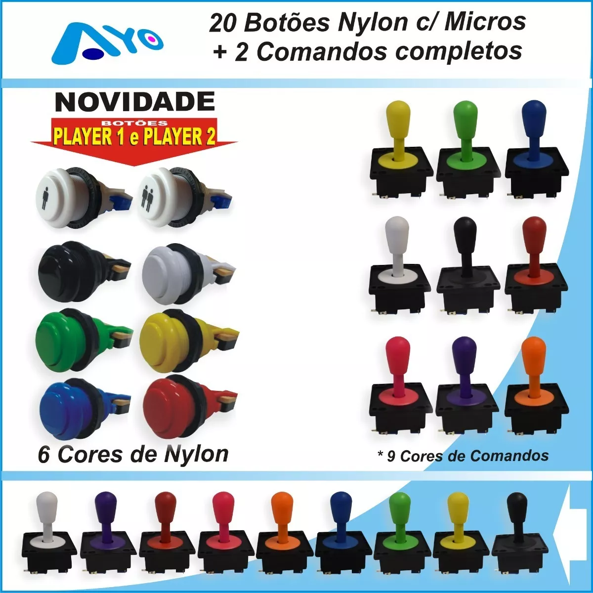 Kit 20 Botões Arcade Nylon C/ Micros + 2 Comandos Completos