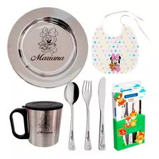 Kit Prato Caneca Talheres Inox Infantil Nome Gravado Laser