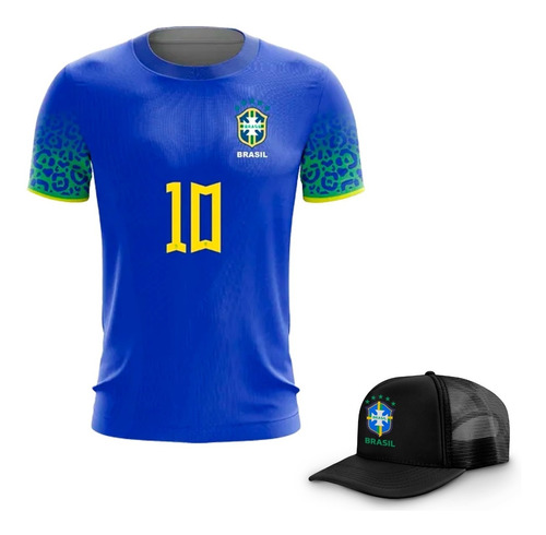 Kit Camiseta Boné Brasil Personalizada Com Nome Numero Azul