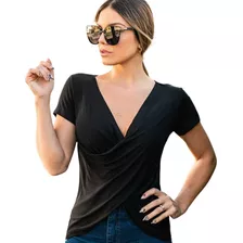 Blusa Transpassada Feminina Decote Camiseta Manga Curta 