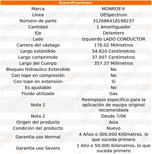 (1) Amortiguador Oespectrum Gas Conductor Del Solara 06/08 Foto 3