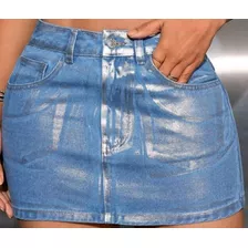 Saia Azul Jeans A-line Bolso Zíper Decoração Prata Tam. G