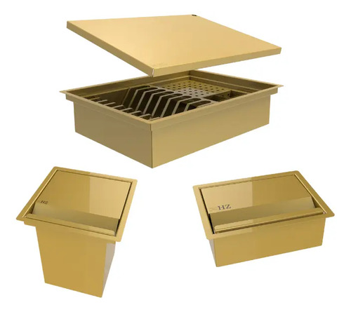 Kit Calha 43x33cm + Porta Esponja 15cm+ Lixeira 3,9l Dourado Dourado