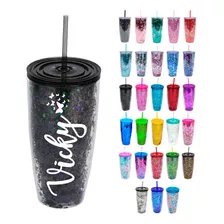 Vaso Glitter Personalizado Con Popote 