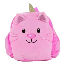 Mini Mochila Bolsa Gato Unicórnio Rosa Em Pelúcia 30x30 Cm