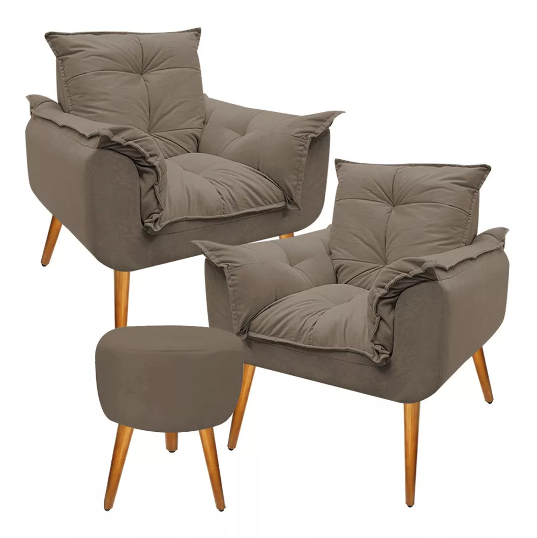  Kit 2 Poltrona Cadeira Decorativa Opala  + 1 Puff 