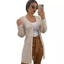 Cardigan Feminino Tricot Kimono Longo Casaco Quadradinho Lã