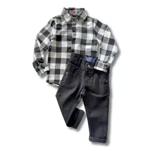 Conjunto Infantil Masculino Camisa Xadrez+calça Jeans Preta
