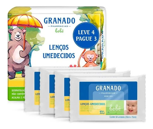 Kit 4 Lenços Umedecidos Granado Bebê Baby Hipoalergênico 200 Unid