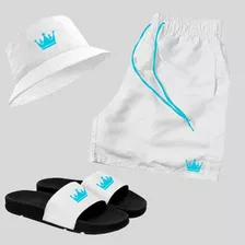 Kit Short Praia + Chapeu Bucket + Chinelo Slide Coroa Azul