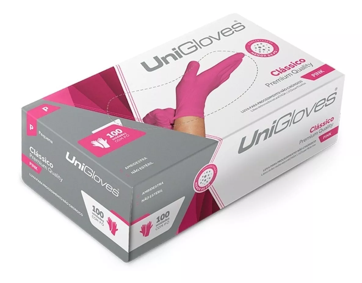 Luvas Descartáveis Unigloves Clássico Cor Rosa Tamanho  P De Látex Com Pó X 100 Unidades 