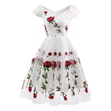 Vestido De Malla Bordado Floral De Las Mujeres Del Hombro