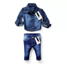 Kit Calça Jeans Marinho Bebê + Camisa Jeans 1 À 18 Meses