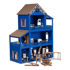 Casa Casinha De Boneca Azul Polly Mdf +36móveis+parquinho