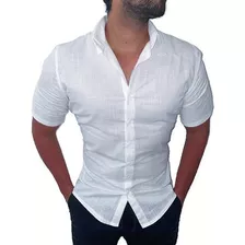 Camisa Masculina Manga Curta Linho Casual Social Slim Branco