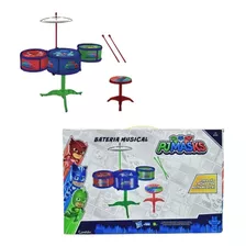 Mini Bateria Infantil 3 Tambores Prato Banqueta Pj Masks