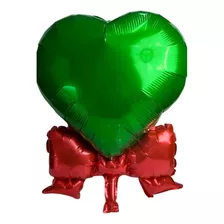 Balão Coração Verde C/ Laço Metalizado 60cm - Kit Com 20un